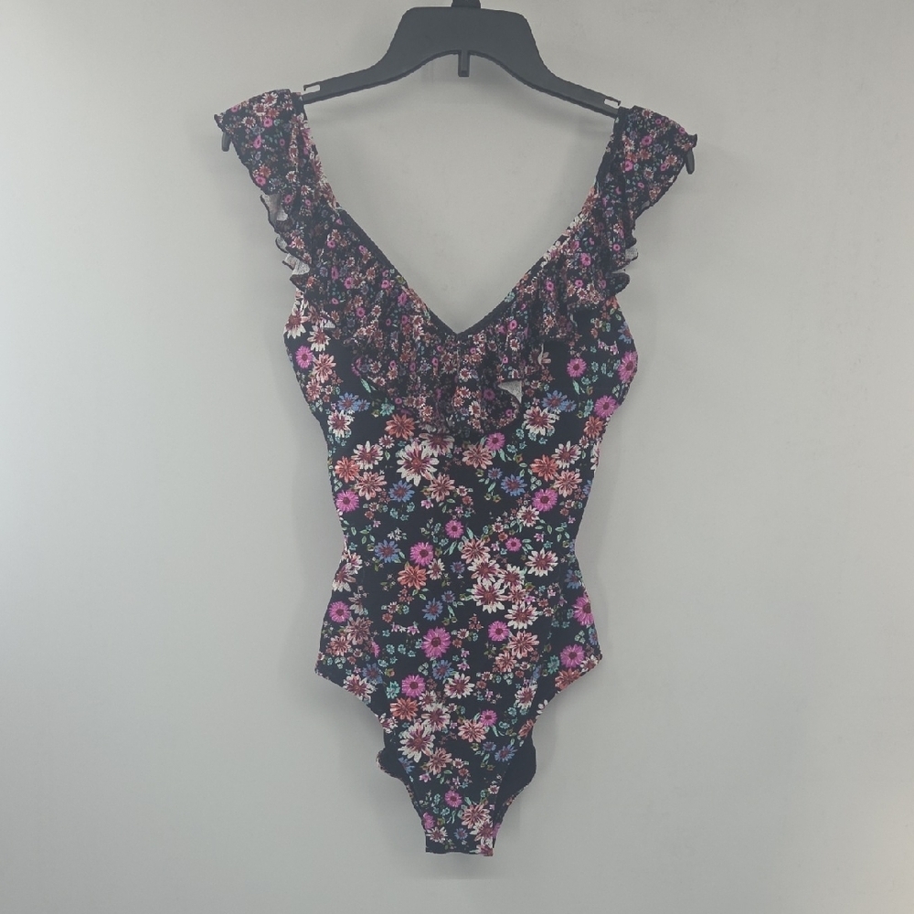 Jessica Simpson Black Floral Ruffle V-Neck One Piece Bathing Suit